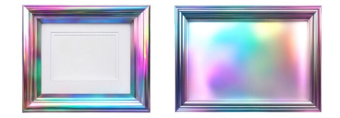 Fototapeta premium Vibrant holographic photo frame showcasing a reflective surface, mockup concept. png, cutout