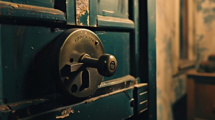A close-up view of a robust, old-fashioned door lock on a painted, weathered door, hinting at stories from the past.