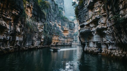 A small boat speeds through a narrow gorge with towering rock formations draped in greenery, enveloped in a misty, serene atmosphere.