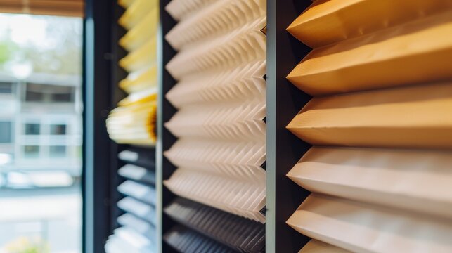 A close-up view of various pleated fabric blinds in different shades and textures, showcasing the intricate patterns and elegant design.