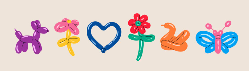 Balloon twisting set. birthday party entertainment concept. Colorful vector illustration © Stranger Man