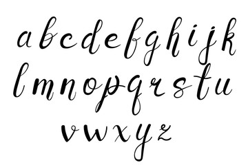 Handwritten alphabet letters in cursive style. Text in modern flair. Hand drawn lettering style, calligraphy. Vector illustration isolated on white background