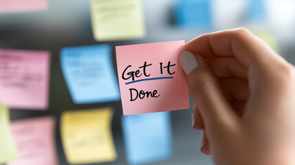 Close-up of hand holding pink sticky note with text Get It Done, glass whiteboard background, time management and quality service concept