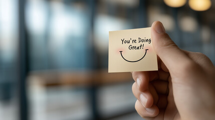 hand holding sticky note with words You're doing great! and a smiley face, blurred office background,  positivity and encouragement concept © Iana
