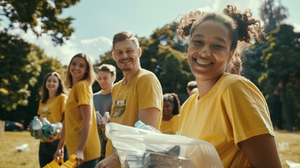 A cheerful group of volunteers in yellow shirts enjoying outdoor activities and community service on a sunny day.