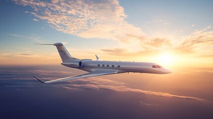 Fototapeta premium Side view of a private jet soaring through the sky with sunlight reflecting off its sleek body