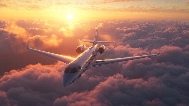 Jet flying over a landscape of rolling clouds with the sun setting in the background