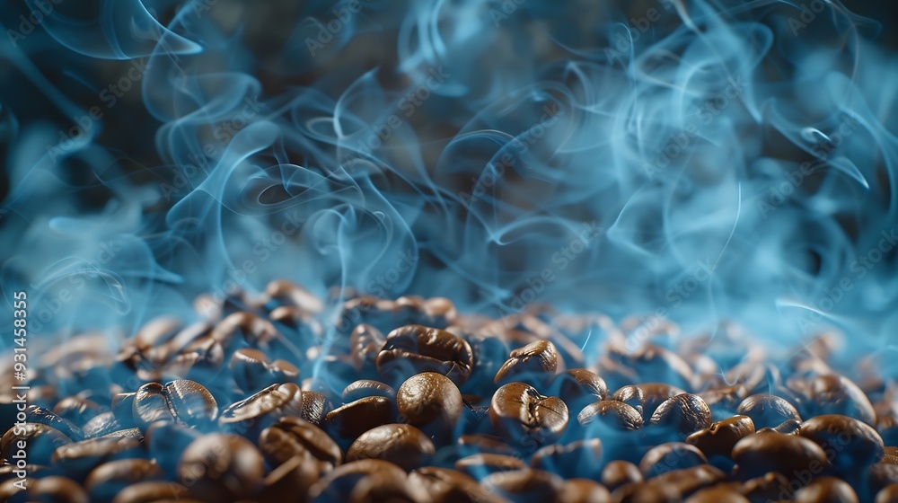 Poster coffee beans roasting with smoke selective focus and soft focus : generative ai