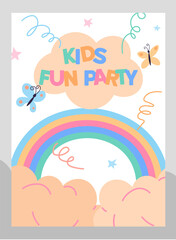 This festive invitation design features a colorful rainbow, smiling clouds, and playful butterflies, perfect for setting the tone for a kids fun party