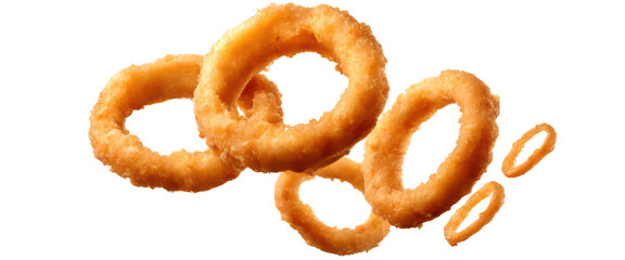 Close up of golden brown onion rings isolate on transparent background, cutout, png