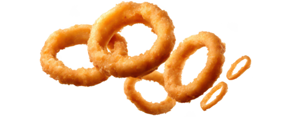 Close up of golden brown onion rings isolate on transparent background, cutout, png