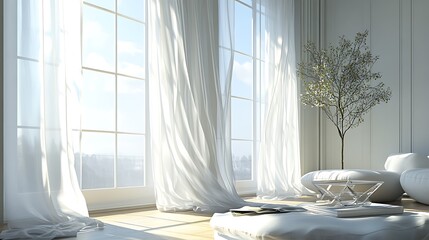 Sunlight streams through sheer curtains in a modern white living room with a white ottoman and a glass table.