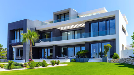 A luxurious three-story country house in high-tech style with a private plot