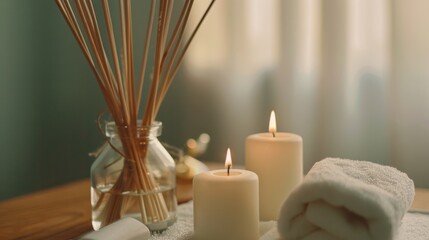 A cozy spa setup with lit candles, soft towels, and aromatic reed diffusers exudes warmth and relaxation in a tranquil environment.