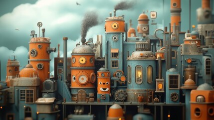 Fototapeta premium A whimsical industrial cityscape with colorful buildings and playful elements.