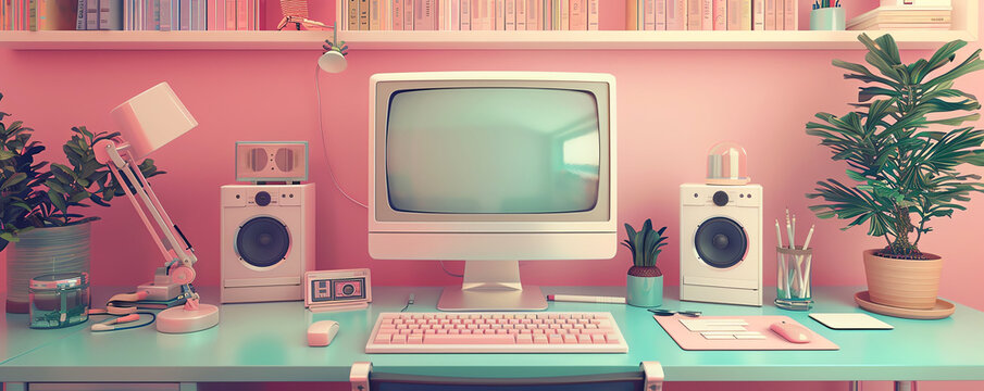 A pink retro computer and CRT monitor sit on a white desk in a pink room