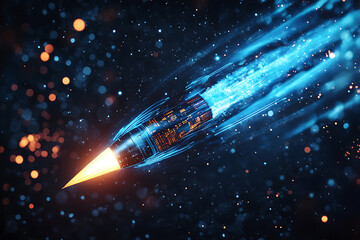 Abstract digital background featuring a rocket, symbolizing innovation, progress, and exploration