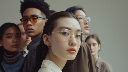 Obraz premium A stylish young woman in glasses at the forefront with a diverse group of individuals behind her, portraying a sense of unity and modernity.