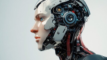 Fototapeta premium Side view of a humanoid head with a seamless blend of digital interfaces and mechanical components highlighting the future of AI