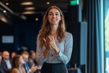 A woman is standing in front of a crowd, clapping her hands. The audience is watching her, and she is giving a speech or presentation. Scene is one of excitement and enthusiasm