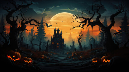 generated illustration scary pumpkins stack,full moon nighttime,dark landscape castle and graveyards.