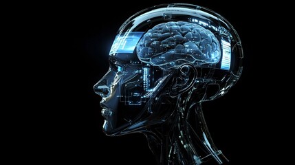 Profile of a humanoid head with a holographic display and a digital interface integrated into the brain area