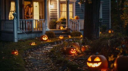A house porch adorned with glowing jack-o'-lanterns creates a warm and enchanting Halloween atmosphere as night falls.