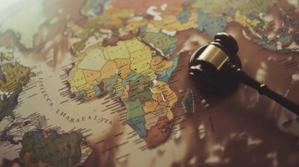 A gavel rests on a colorful world map representing global justice, law, and governance with a focus...