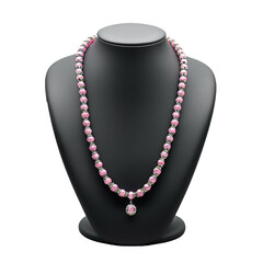 Front view of a rhodochrosite bead necklace with gold-filled spacer beads on a black bust isolated on a white transparent background