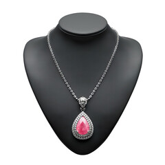 Front view of a ruby pendant necklace with a twisted silk cord on a black bust isolated on a white transparent background.