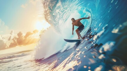 A surfer rides a massive turquoise wave at sunset, displaying skill and balance against a backdrop of golden skies and ocean spray.