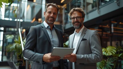 Fototapeta premium Business team of two happy successful professional business men executive working together standing in office using digital tablet computer technology managing data standing in corpora : Generative AI