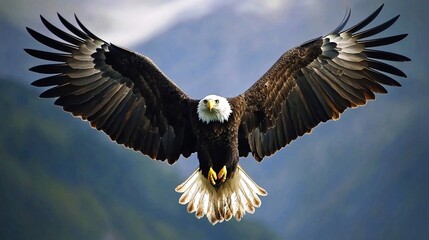 Fototapeta premium Bald eagle gliding through the sky with its powerful wings stretched wide