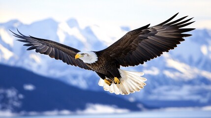Obraz premium Bald eagle gliding through the sky with its powerful wings stretched wide