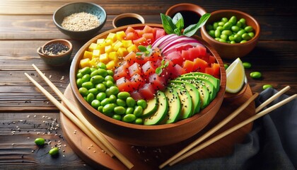 Colorful poke bowl with tuna, avocado, and edamame, on a wooden table garnished with sesame seeds and chopsticks on the side, stock food photography