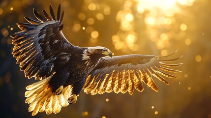 Bald eagle flying with the sun shining on its feathers casting a golden hue