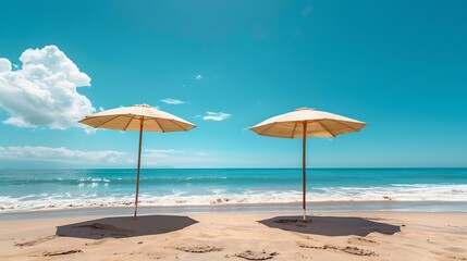 Fototapeta premium Landscape on La Boquilla beach with beautiful blue sky and sea viewumbrellas to rest : Generative AI