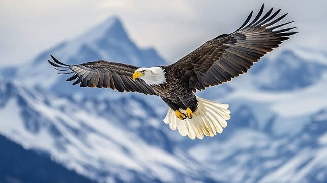 Majestic bald eagle soaring above a mountain range with a clear sky overhead