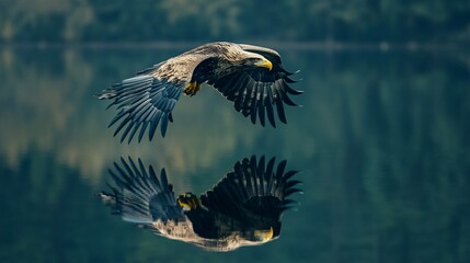 Fototapeta premium Eagle flying over a body of water with its reflection mirrored on the surface
