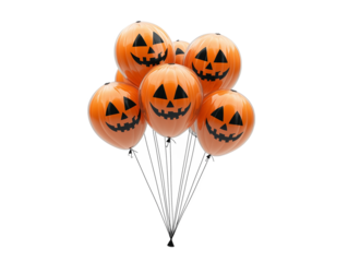 Halloween-themed orange balloons with jack-o'-lantern faces for festive decoration. Isolated on transparent background.