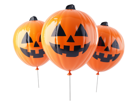 Halloween-themed orange balloons with jack-o'-lantern faces floating against a transparent background.