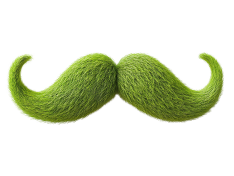 Green furry mustache on a transparent background with a whimsical and playful design