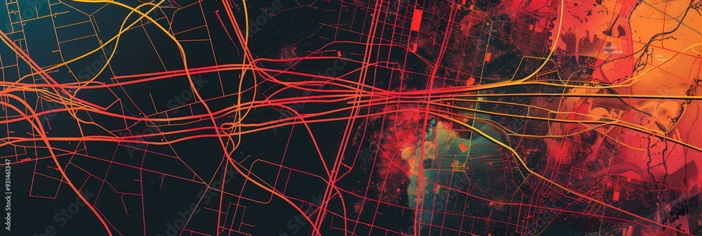 Leinwandbilder dynamic and colorful abstract lines crisscross an urban map, symbolizing connectivity and direction 