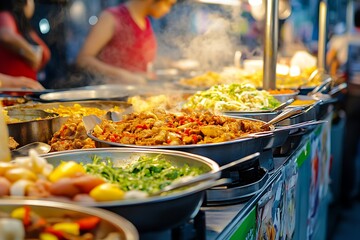 A Row of Stainless Steel Bowls Filled with Steaming Asian Street Food