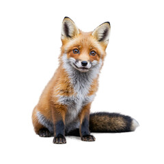 Obraz premium A young red fox sitting calmly against a white transparent background. The image captures the fox's alert and curious nature, as it looks directly at the viewer with a gentle expression.
