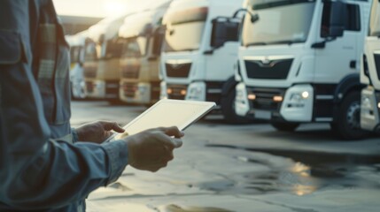 Person holding a tablet, standing in front of a row of parked trucks on a wet, reflective surface under cloudy skies.