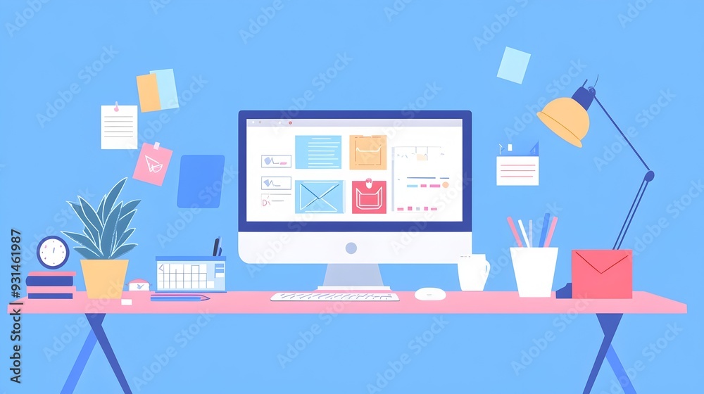 Poster a clean desktop workspace filled with various digital productivity tools like task managers calendar
