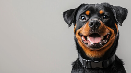 Fototapeta premium Rottweiler wearing a black collar, confidently smiling against a plain gray background. The image conveys strength and happiness.