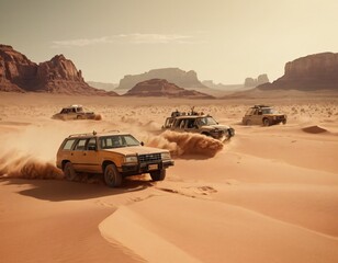 A convoy of off-road vehicles drives through a vast desert landscape, surrounded by towering sandstone cliffs, under a clear sky, evoking adventure.. Ai generated image.