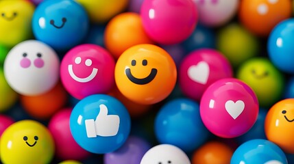Social media icon background. Multicolor balls with smile face, heart and thumbs up symbols